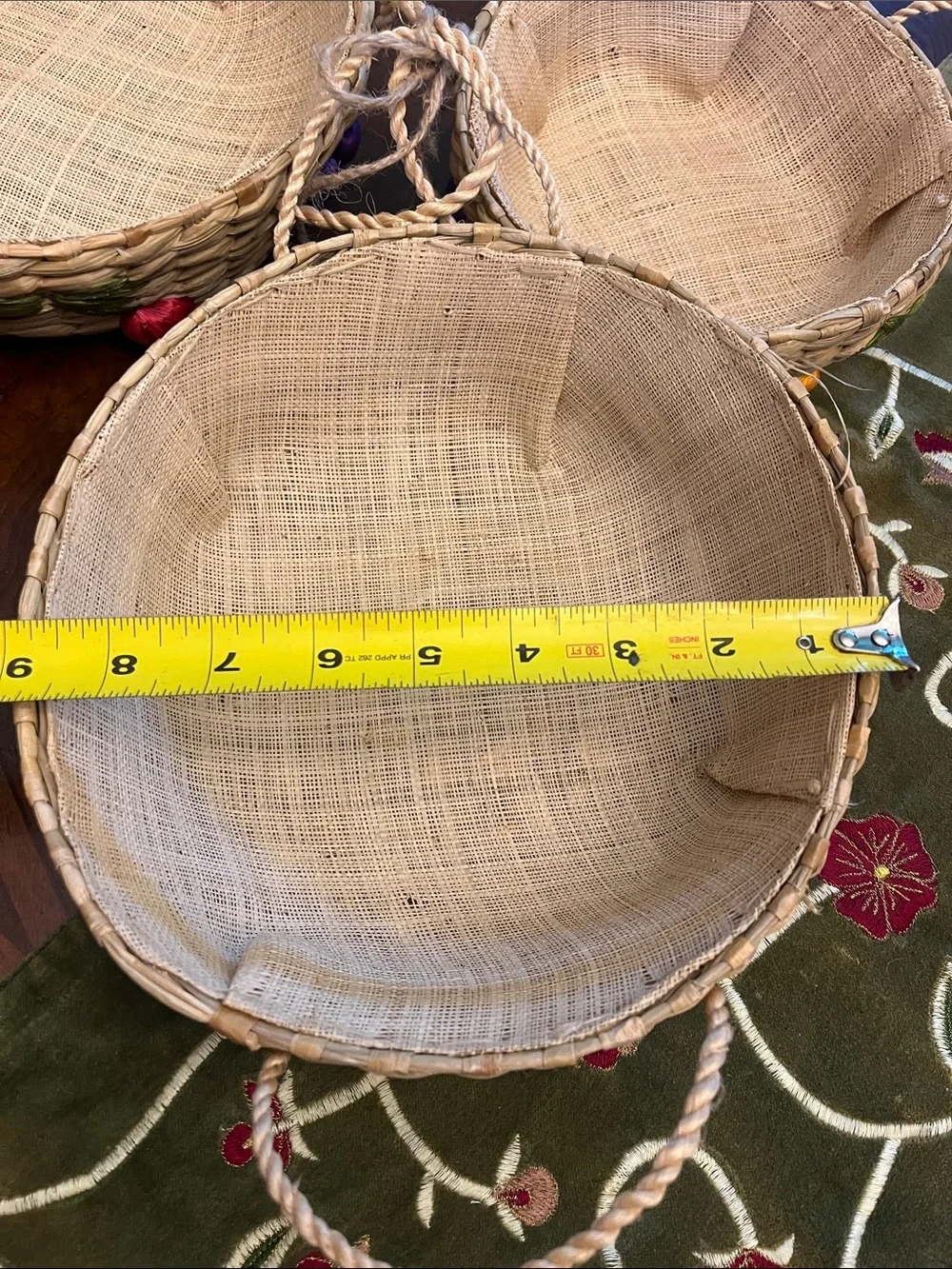 Hand Crafted Straw Nesting Baskets with Multicolor Embroidered Buds